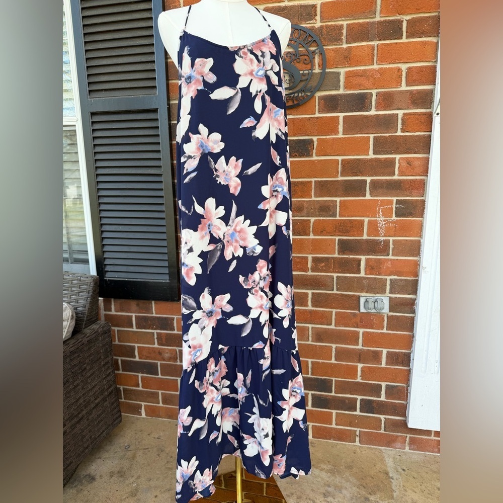 Navy Floral Maxi Dress - Pink & White Blooms